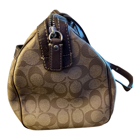 COACH Heritage Signature Stripe Zip Top Brown Shoulder Satchel Handbag F14478 - Picture 2 of 10